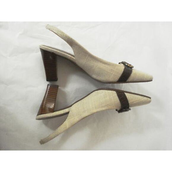 ETIENNE AIGNER MIDWAY LINEN LOOK FABRIC BROWN LEATHER SLINGBACK HEEL SHOE SZ 6M - Picture 6 of 8